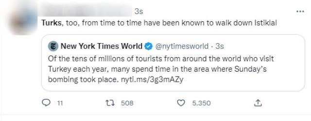 New York Times'ın İstiklal Caddesi'ndeki bombalı saldırının haberini verme şekli tepkilere sebep oldu New York Times'ın İstiklal Caddesi'ndeki bombalı saldırının haberini verme şekli tepkilere sebep oldu