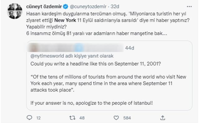 New York Times'ın İstiklal Caddesi'ndeki bombalı saldırının haberini verme şekli tepkilere sebep oldu New York Times'ın İstiklal Caddesi'ndeki bombalı saldırının haberini verme şekli tepkilere sebep oldu