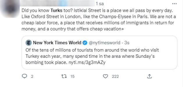New York Times'ın İstiklal Caddesi'ndeki bombalı saldırının haberini verme şekli tepkilere sebep oldu New York Times'ın İstiklal Caddesi'ndeki bombalı saldırının haberini verme şekli tepkilere sebep oldu