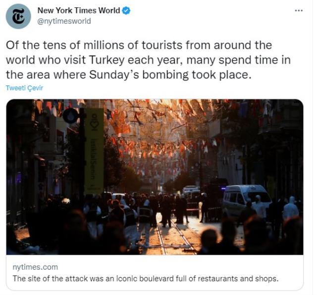 New York Times'ın İstiklal Caddesi'ndeki bombalı saldırının haberini verme şekli tepkilere sebep oldu New York Times'ın İstiklal Caddesi'ndeki bombalı saldırının haberini verme şekli tepkilere sebep oldu
