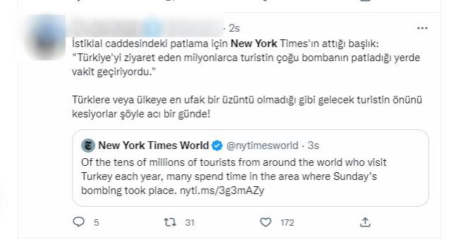 New York Times'ın İstiklal Caddesi'ndeki bombalı saldırının haberini verme şekli tepkilere sebep oldu New York Times'ın İstiklal Caddesi'ndeki bombalı saldırının haberini verme şekli tepkilere sebep oldu
