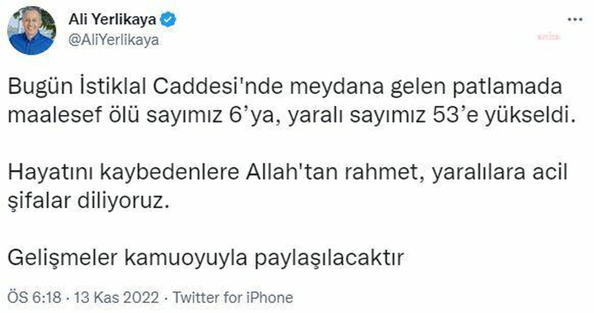 Patlamada Can Kaybı Artıyor... İstanbul Valisi Ali Yerlikaya: "Ölü Sayımız 6\'ya, Yaralı Sayımız İse 53\'e Yükseldi"