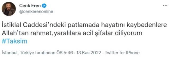 Ünlülerden İstiklal Caddesi'ndeki patlamaya tepki yağdı: Allah bin belanızı versin