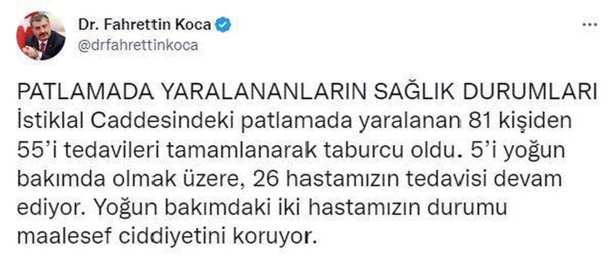 İstanbul\'daki terör saldırısında yaralananlardan 55\'i taburcu edildi, 26\'sının tedavisi sürüyor