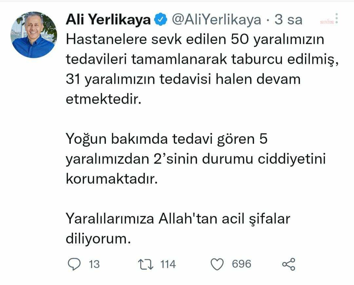 İstanbul Valisi Yerlikaya: "31 Yaralımızın Tedavisi Halen Devam Etmektedir.