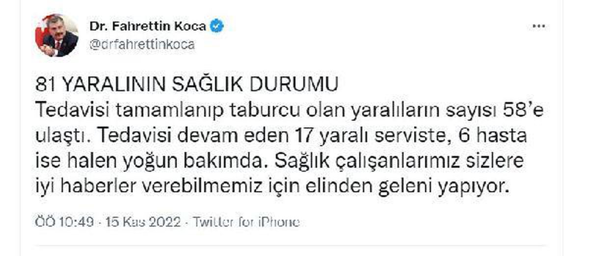 İstanbul\'daki terör saldırısında yaralananlardan 58\'i taburcu edildi, 23\'ünün tedavisi sürüyor