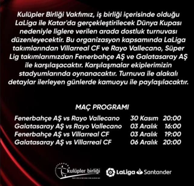 La Liga ile dost olduk! Fenerbahçe ve Galatasaray, İspanyol takımlarıyla maç yapacak La Liga ile dost olduk! Fenerbahçe ve Galatasaray, İspanyol takımlarıyla maç yapacak