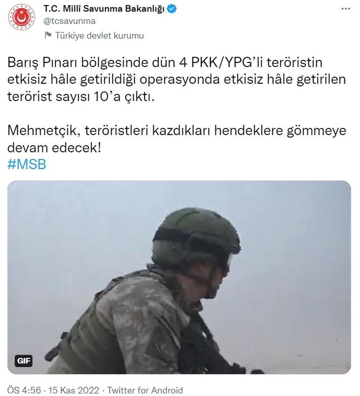 MSB: "Barış Pınarı bölgesinde dünkü operasyonda etkisiz hale getirilen terörist sayısı 10\'a çıktı"
