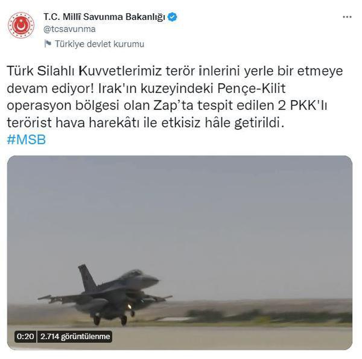 MSB: Pençe-Kilit bölgesinde 2 terörist etkisiz hale getirildi