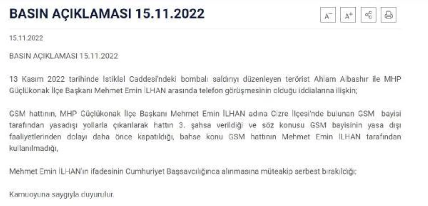 Şırnak Valiliği, MHP Güçlükonak İlçe Başkanı İlhan ile ilgili açıklama yaptı Açıklaması