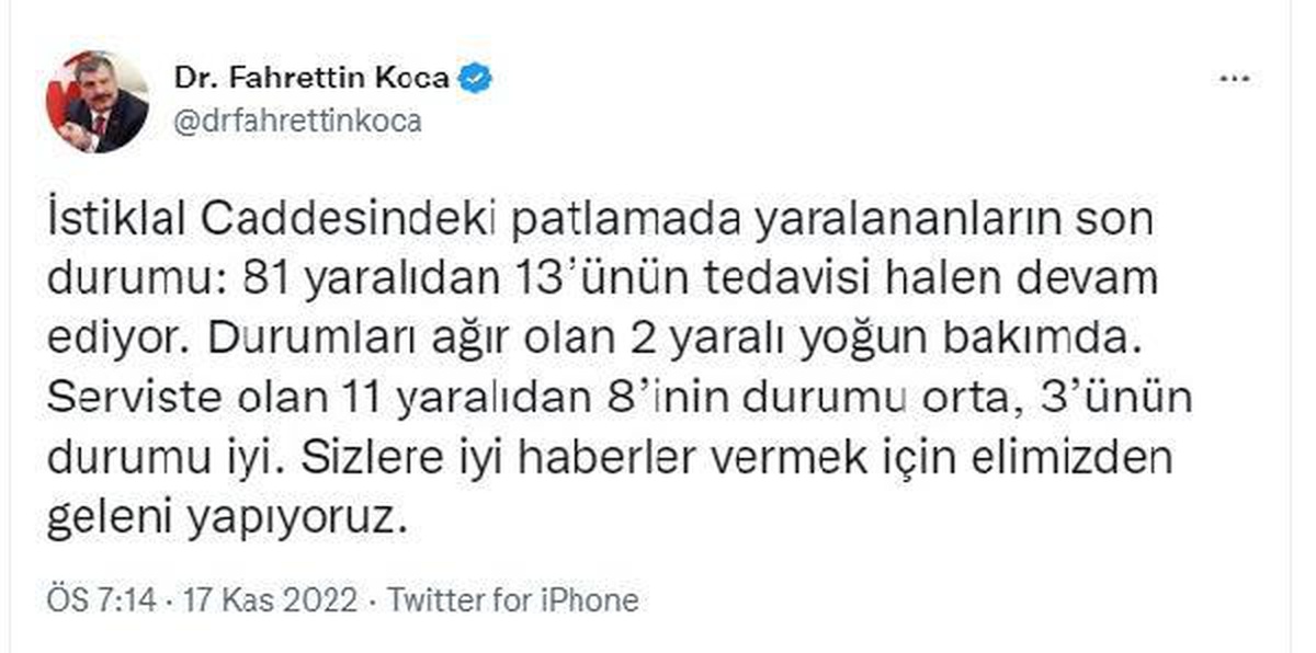 İstanbul\'daki terör saldırısında yaralananlardan 13\'nün tedavisi sürüyor
