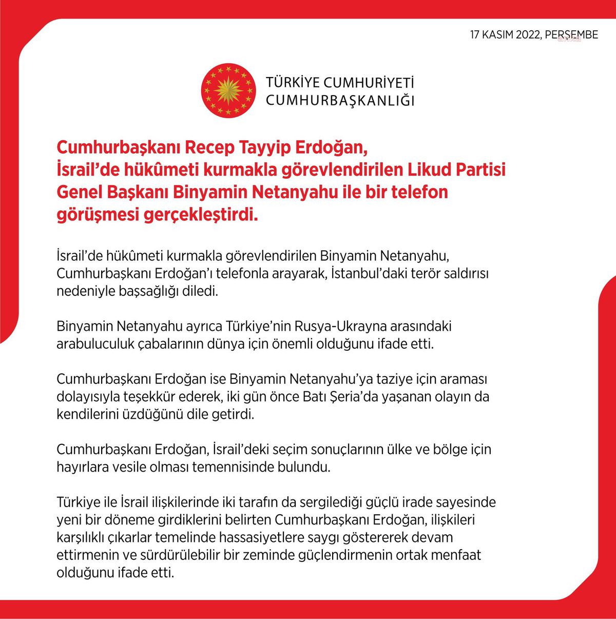 Cumhurbaşkanı Erdoğan, Binyamin Netanyahu ile Görüştü