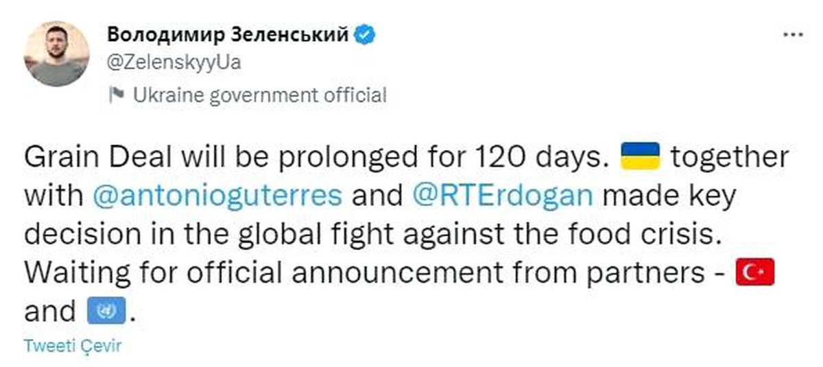 Zelenskiy: "Tahıl anlaşması 120 gün uzatılacak"