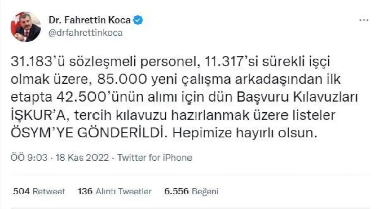 Bakan Koca: Personel alımı için başvuru kılavuzları İŞKUR\'a gönderildi
