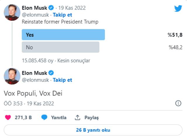 Elon Musk'ın oylaması sonuçlandı! Eski ABD Başkanı Trump'ın Twitter hesabı tekrar açıldı