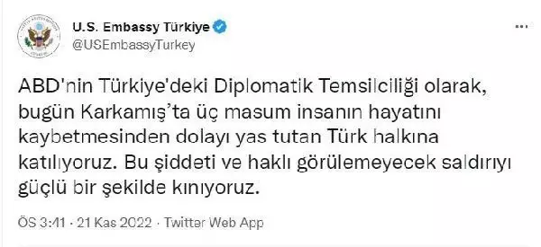 ABD Büyükelçiliği'nden Karkamış'taki saldırıya kınama