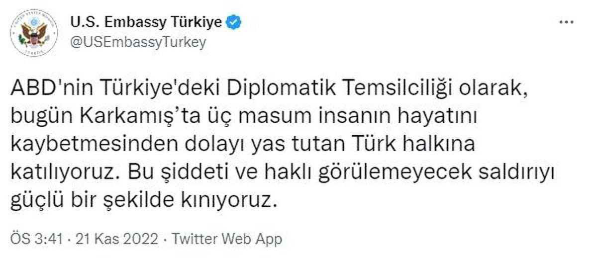 ABD\'nin Ankara Büyükelçiliği, Gaziantep\'te gerçekleştirilen terör saldırısını kınadı