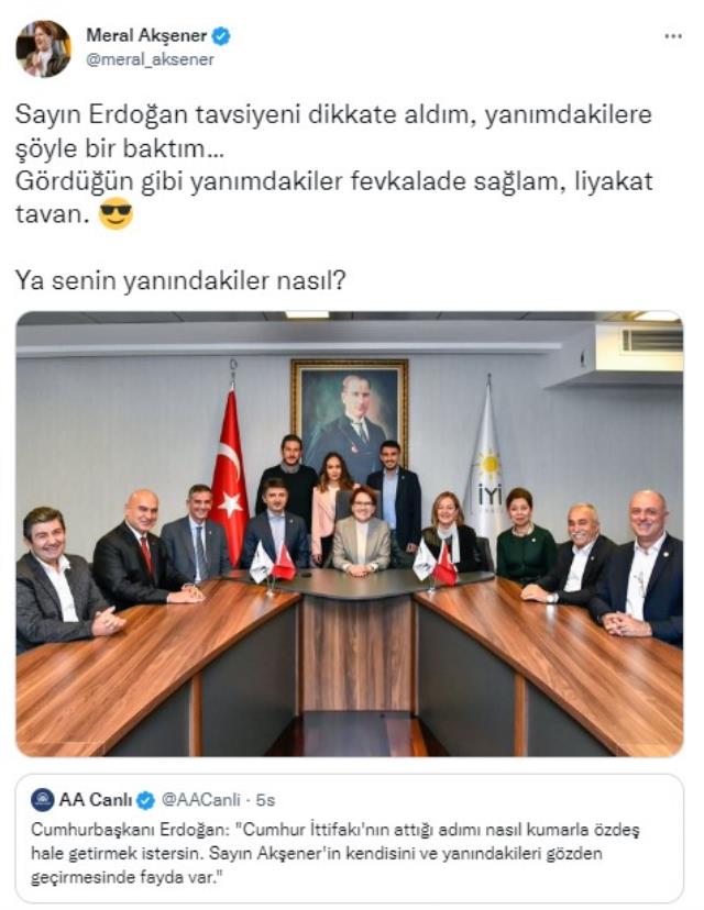 Akşener'den 'Yanındakileri gözden geçir' diyen Cumhurbaşkanı Erdoğan'a fotoğraflı yanıt Akşener'den 'Yanındakileri gözden geçir' diyen Cumhurbaşkanı Erdoğan'a fotoğraflı yanıt
