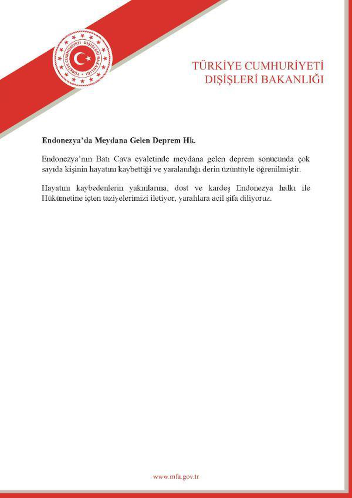 Dışişleri Bakanlığından Endonezya\'ya taziye mesajı