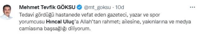 Hıncal Uluç'un vefatı sonrası spor ve siyaset dünyasından peş peşe taziye mesajları Hıncal Uluç'un vefatı sonrası spor ve siyaset dünyasından peş peşe taziye mesajları
