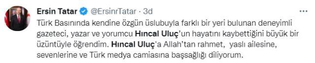 Hıncal Uluç'un vefatı sonrası spor ve siyaset dünyasından peş peşe taziye mesajları Hıncal Uluç'un vefatı sonrası spor ve siyaset dünyasından peş peşe taziye mesajları