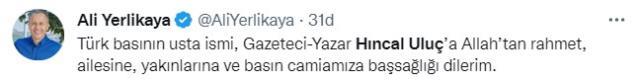Hıncal Uluç'un vefatı sonrası spor ve siyaset dünyasından peş peşe taziye mesajları Hıncal Uluç'un vefatı sonrası spor ve siyaset dünyasından peş peşe taziye mesajları