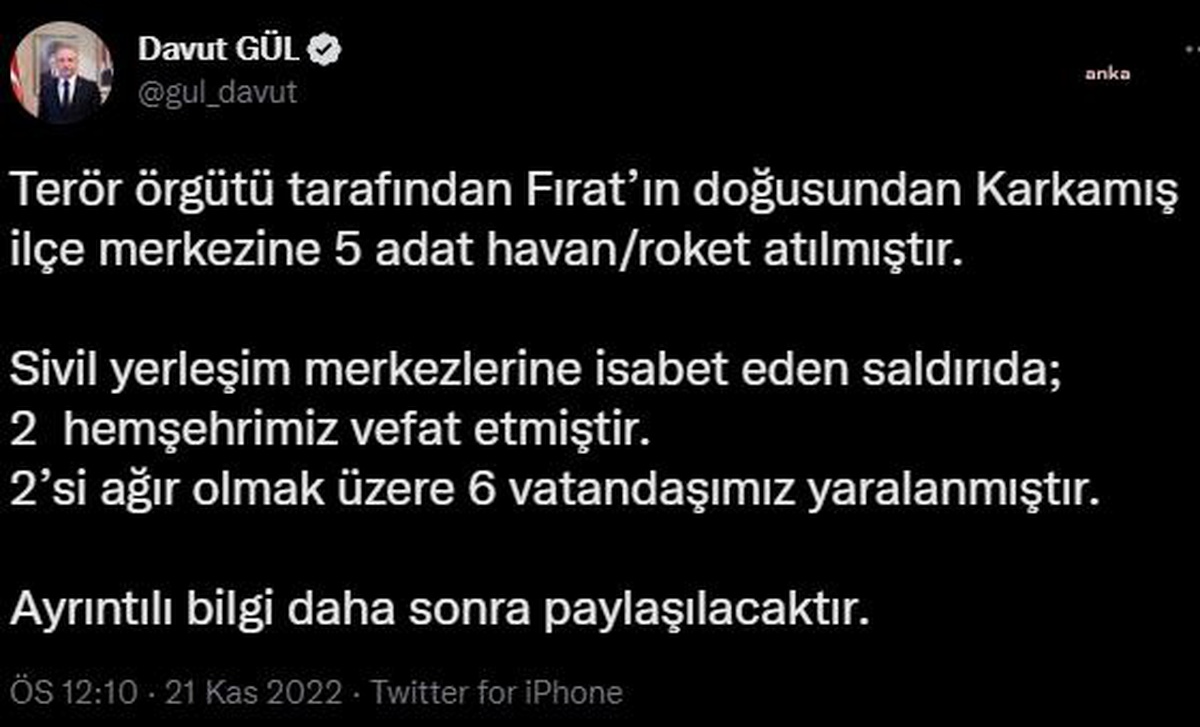 Karkamış\'a Roket Saldırısı… Vali Gül: "2 Hemşehrimiz Vefat Etmiştir. 2\'si Ağır Olmak Üzere 6 Vatandaşımız Yaralanmıştır"