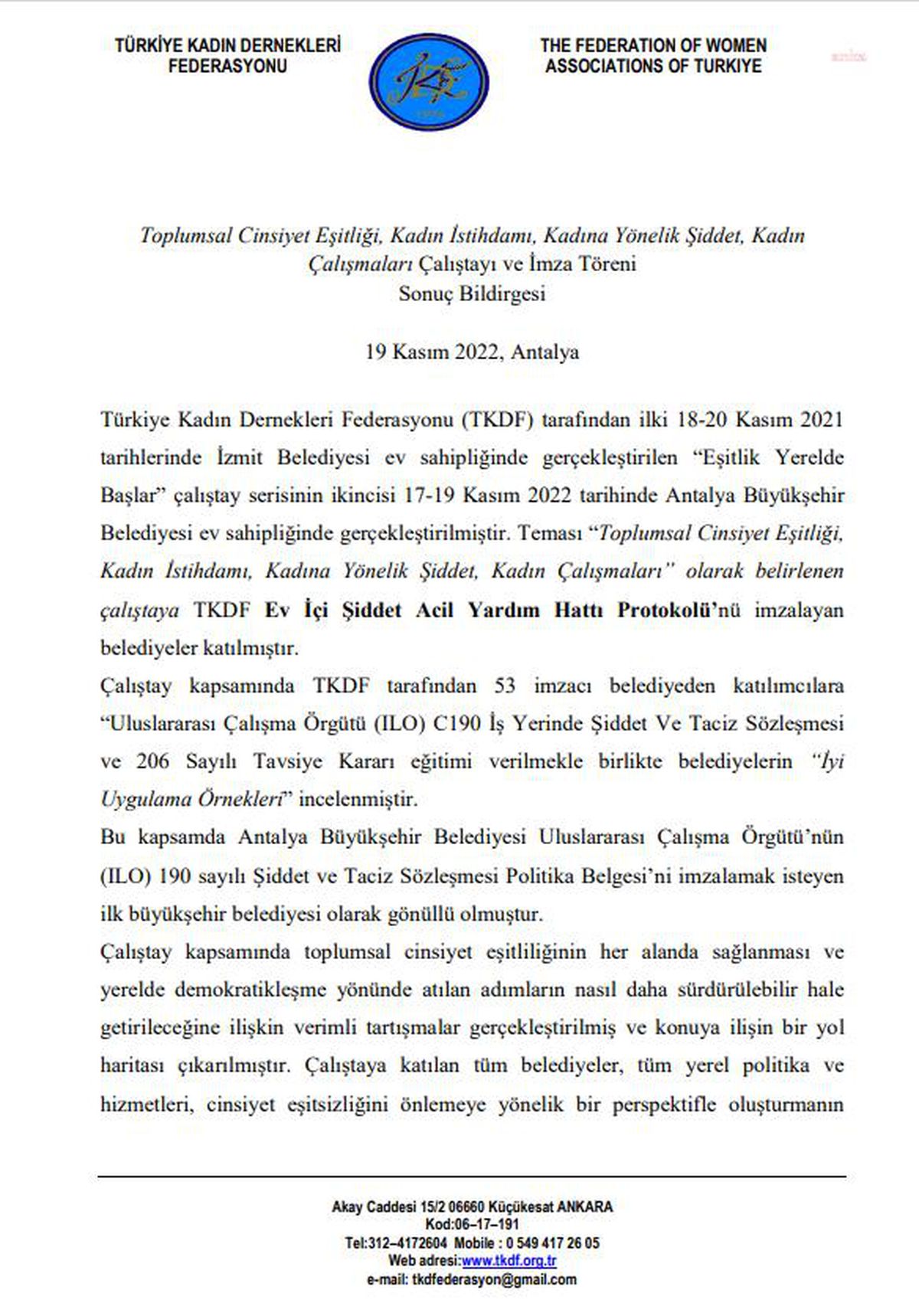 Tkdf, \'25 Kasım Kadına Yönelik Şiddetle Mücadele ve Acil Yardım Hattı Çalıştayı\'nın Sonuç Bildirgesini Açıkladı: "2024 Yerel Seçimlerinde Kadın...