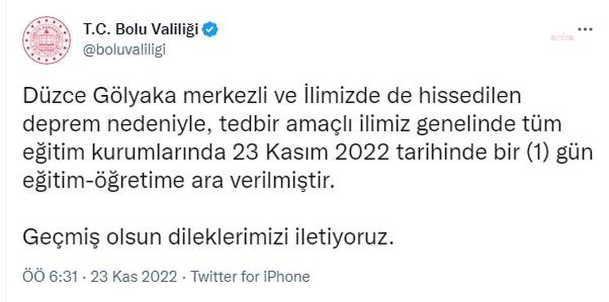 Bolu Valiliği: "Düzce Gölyaka Merkezli Hissedilen Deprem Nedeniyle Bir Gün Eğitim-Öğretime Ara Verilmiştir"