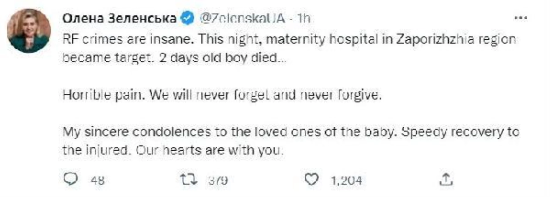First Lady Zelenska: Saldırıların hedefindeki hastanede 2 günlük bebek öldü