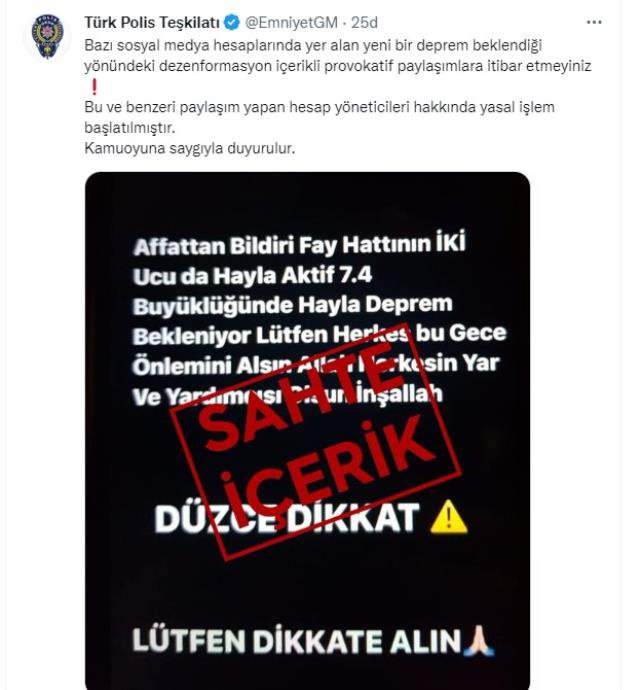 Provokatif paylaşım yapanlar yandı! Düzce depremi sonrası ortalığı velveleye veren kişiler için EGM harekete geçti Provokatif paylaşım yapanlar yandı! Düzce depremi sonrası ortalığı velveleye veren kişiler için EGM harekete geçti