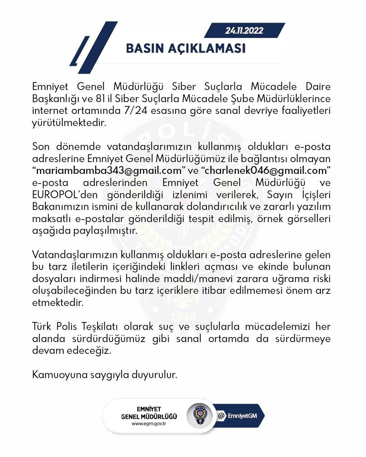 EGM\'den Bakan Soylu ve EUROPOL ismi ile gönderilen mailler hakkında uyarı