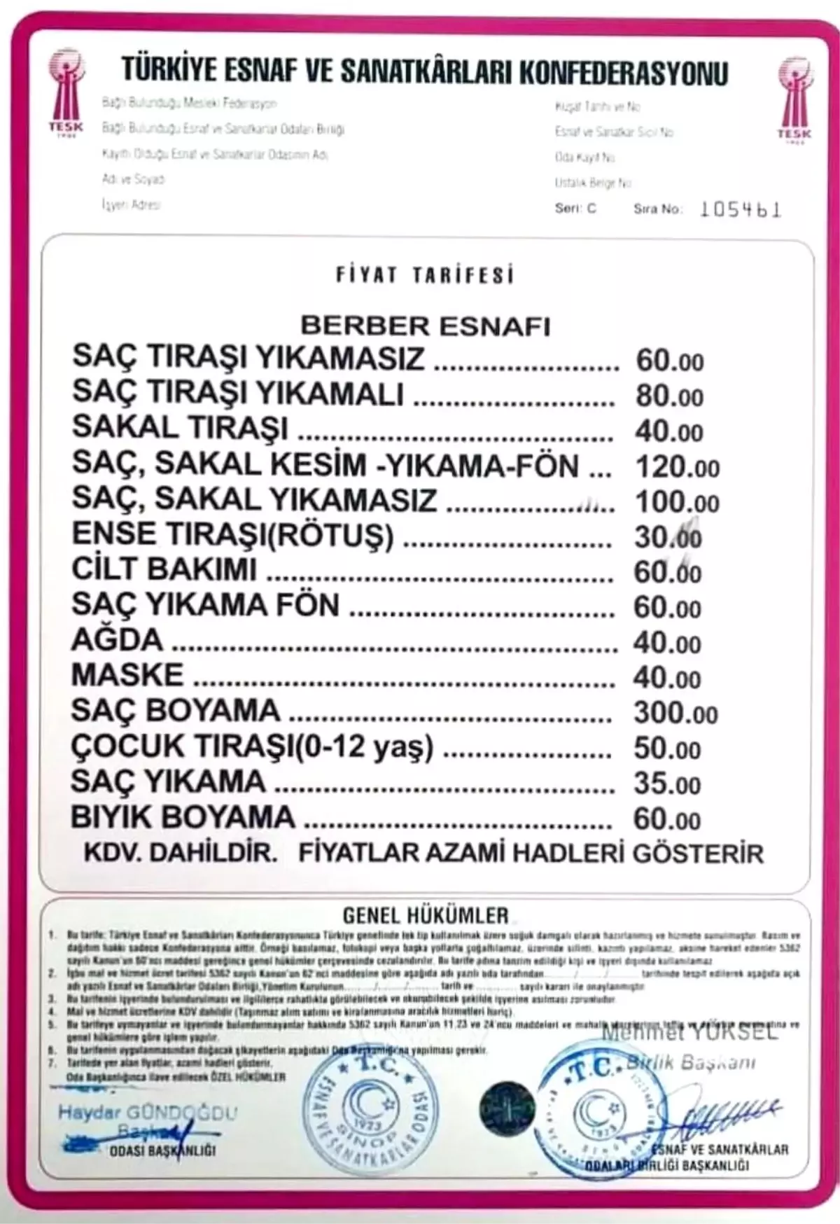 Sinop\'ta berber tarifesi yenilendi: Saç-sakal 100-120 TL