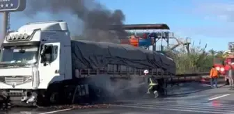 Bariyere çarpan talaş yüklü tır alev aldı