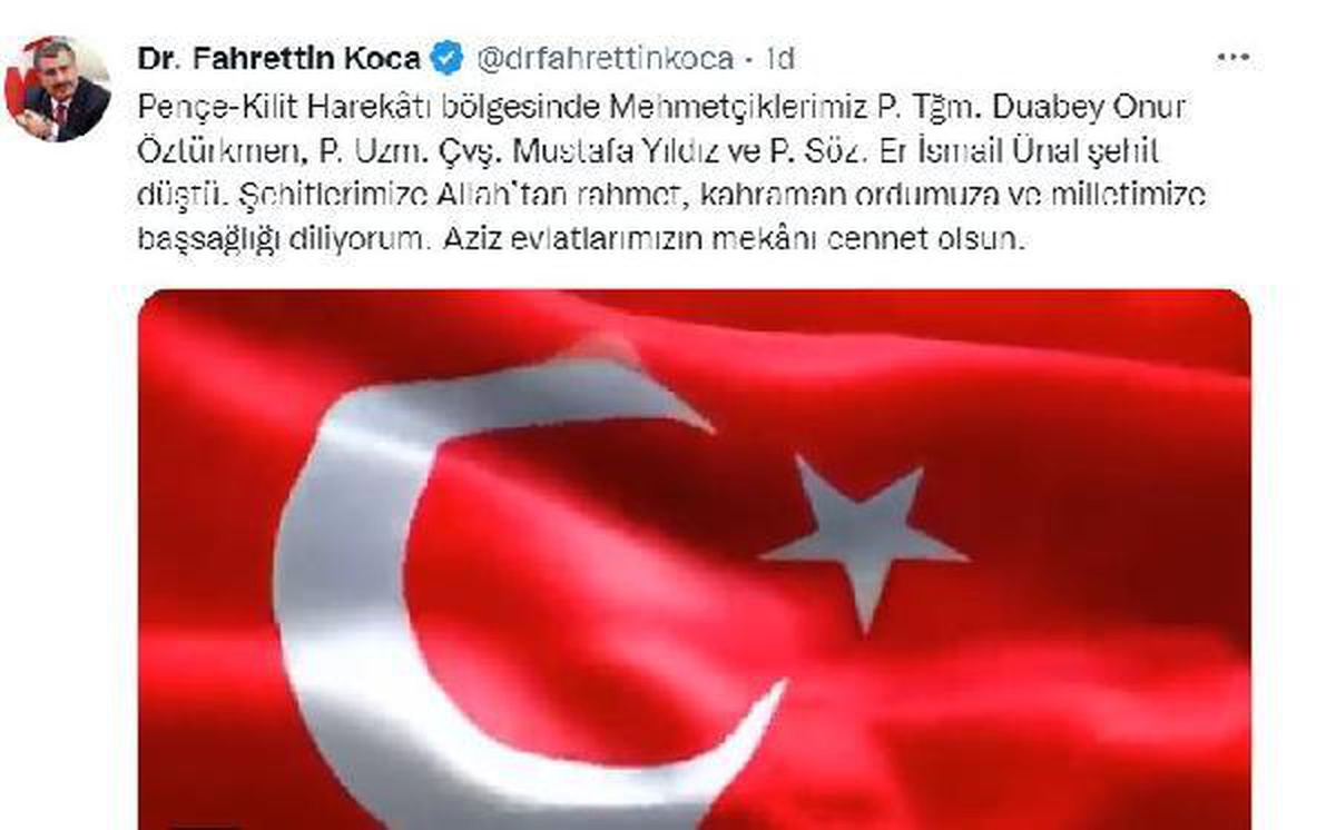 Bakan Koca\'dan 3 şehit asker için taziye mesajı