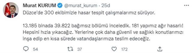 Bakan Kurum: Düzce depreminde 181 yapımız ağır hasar aldı, hepsini yıkıp yerine güvenli konut inşa edeceğiz Bakan Kurum: Düzce depreminde 181 yapımız ağır hasar aldı, hepsini yıkıp yerine güvenli konut inşa edeceğiz