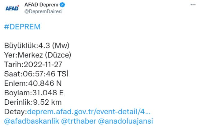 Son dakika! Düzce'de 4.3 büyüklüğünde deprem! Sarsıntı İstanbul'da da hissedildi Son dakika! Düzce'de 4.3 büyüklüğünde deprem! Sarsıntı İstanbul'da da hissedildi