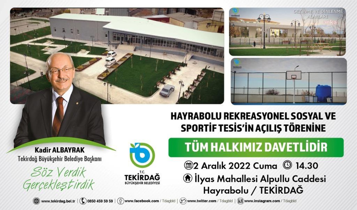 Tekirdağ Büyükşehir\'in Hayrabolu Sosyal ve Sportif Tesisi Açılıyor