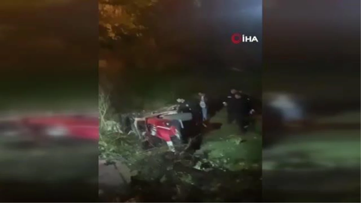 Ağaçlık alana uçan otomobil alev alev yandı: 1\'i polis 2 kişi hayatını kaybetti