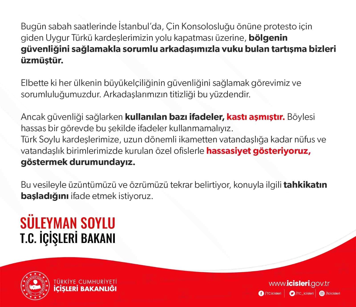 Bakan Soylu\'dan İstanbul\'daki Çin Konsolosluğu önünde yaşananlara ilişkin açıklama Açıklaması