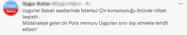 Çin Konsolosluğu önünde eylem yapan Uygur Türklerine 'sınır dışı' tehdidi sosyal medyayı ayağa kaldırdı Çin Konsolosluğu önünde eylem yapan Uygur Türklerine 'sınır dışı' tehdidi sosyal medyayı ayağa kaldırdı