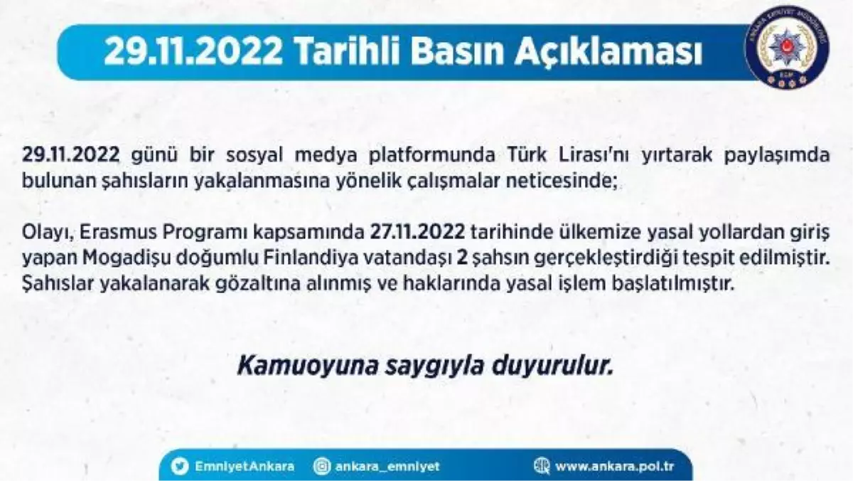 Türk lirasını yırtarak paylaşımda bulunan 2 Finlandiyalıya gözaltı