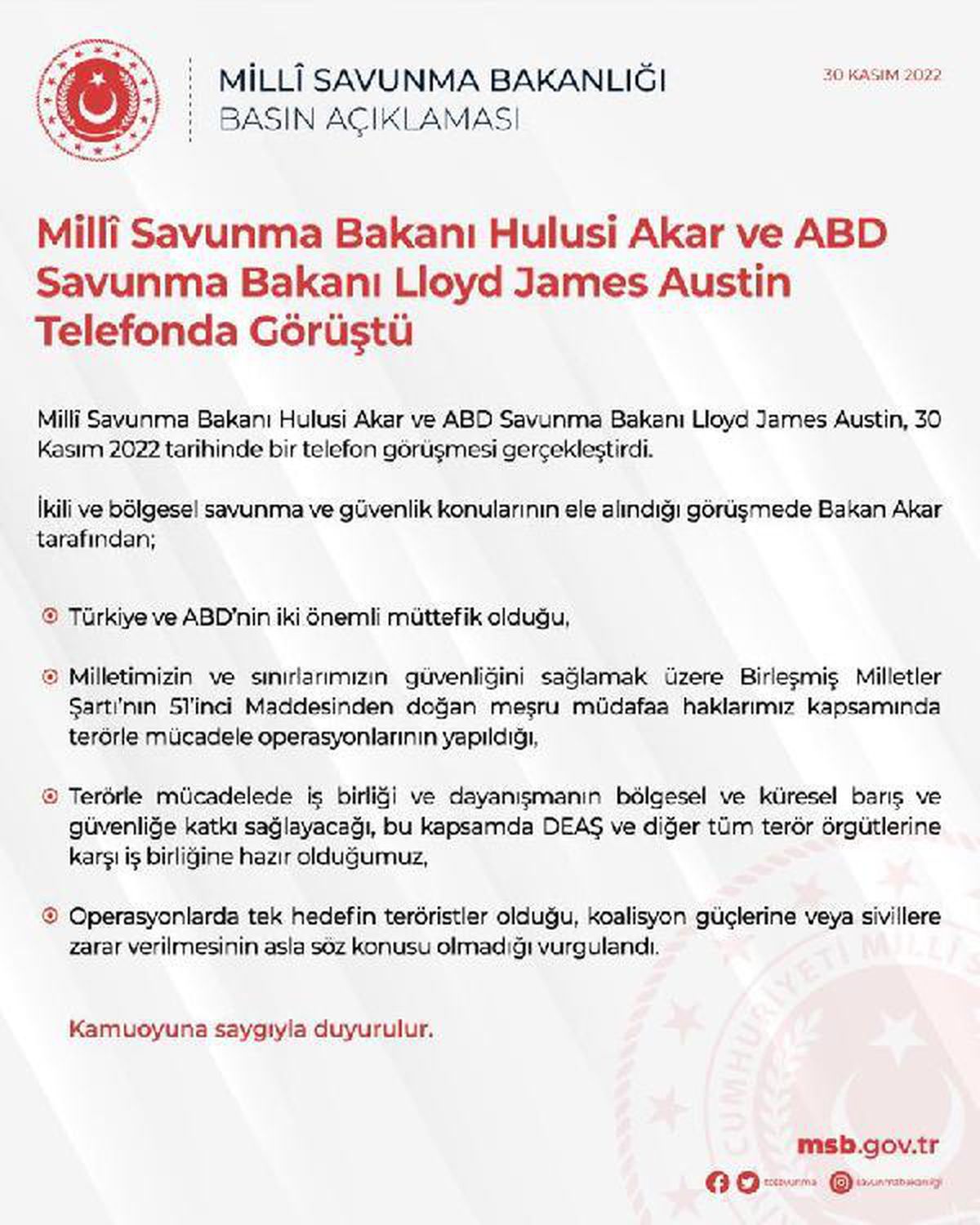 Bakan Akar, ABD\'li mevkidaşı ile görüştü