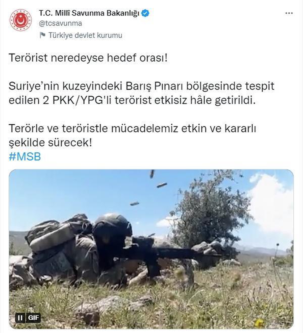 MSB: Barış Pınarı bölgesinde 2 terörist etkisiz hale getirildi