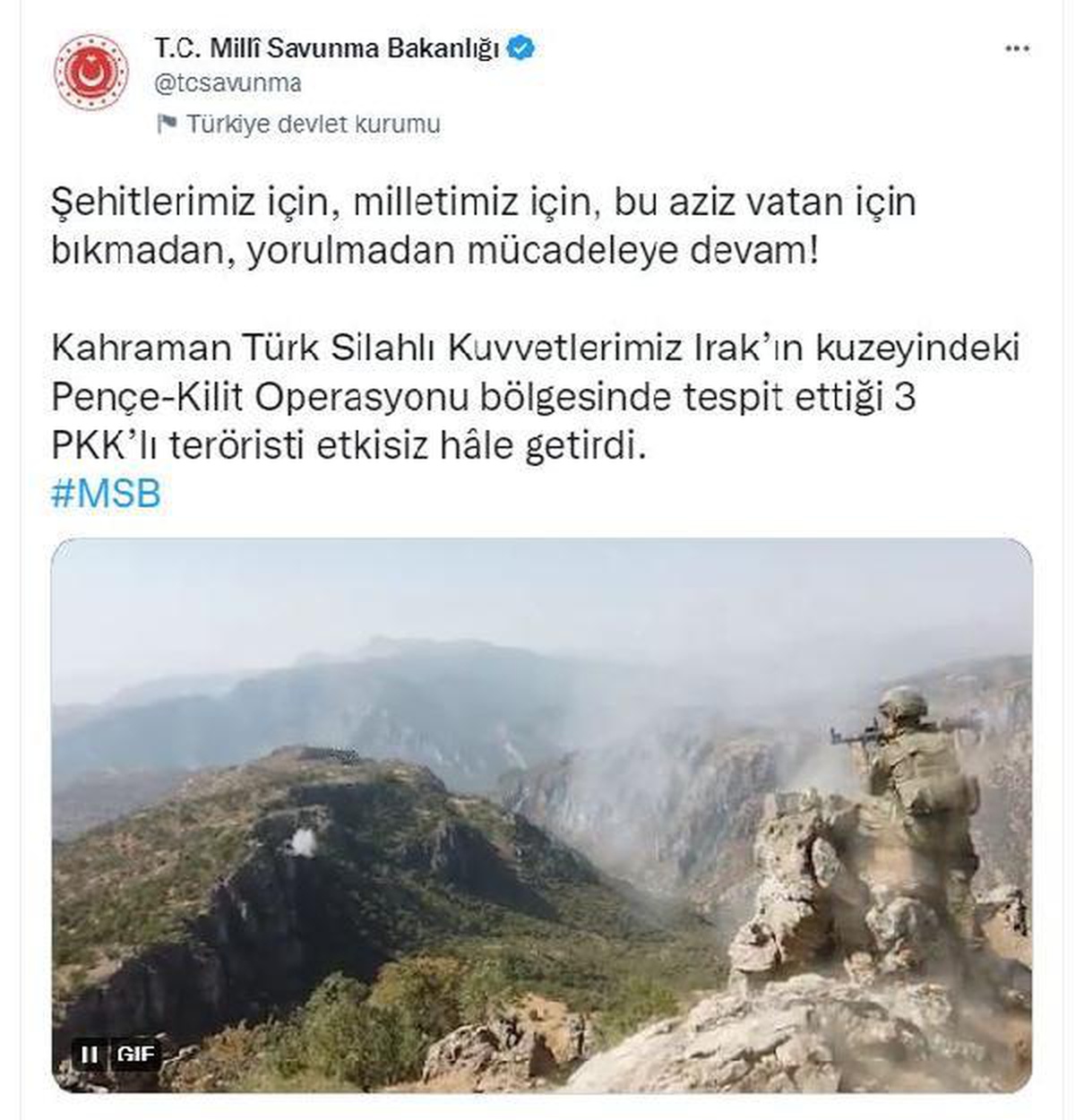 MSB: Pençe-Kilit bölgesinde 3 terörist etkisiz hale getirildi