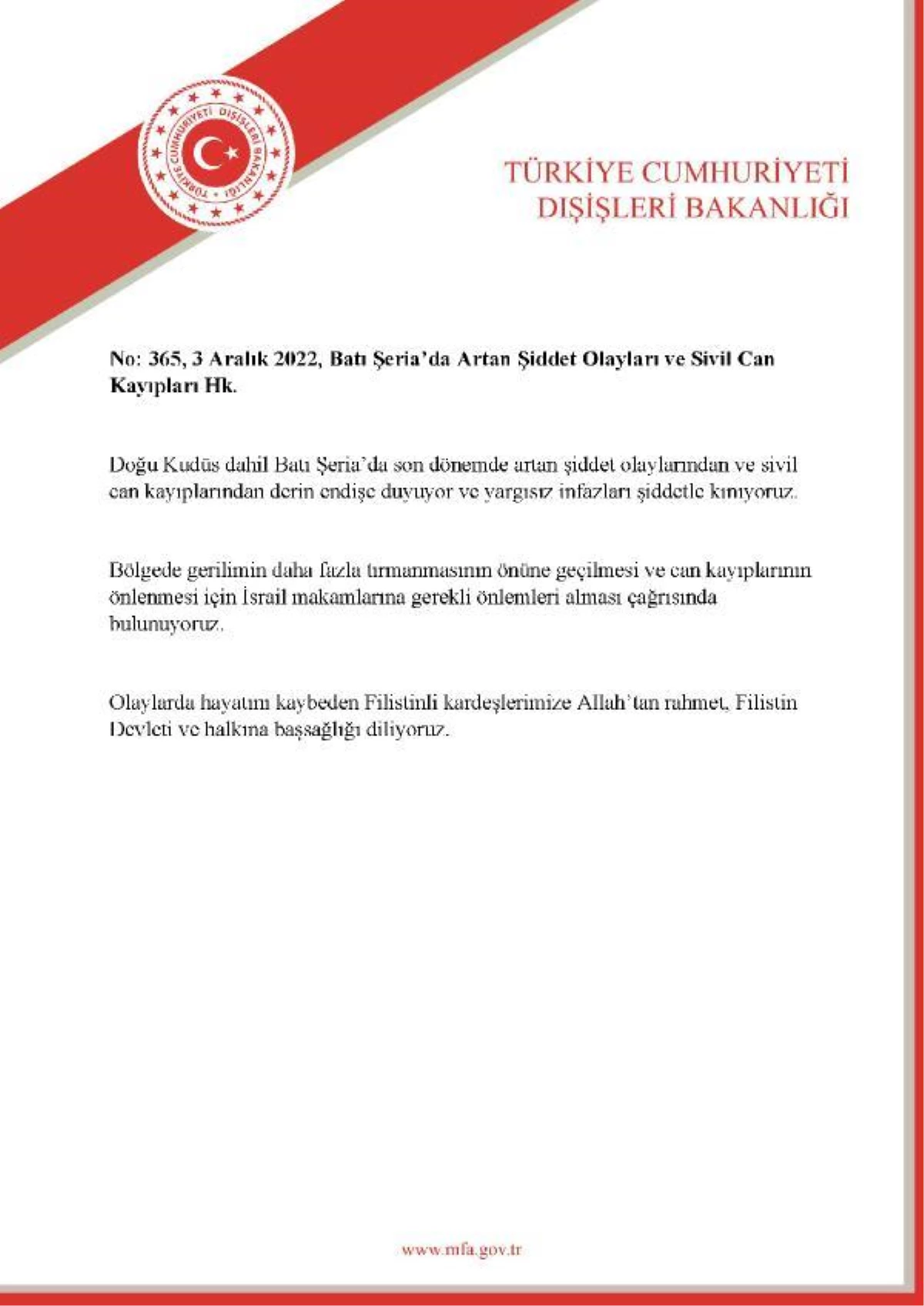 Dışişleri Bakanlığından Batı Şeria\'da yaşanan olaylara ilişkin açıklama