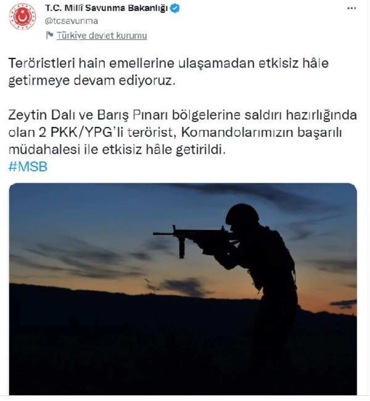 MSB: 2 PKK/YPG\'li terörist etkisiz hale getirildi