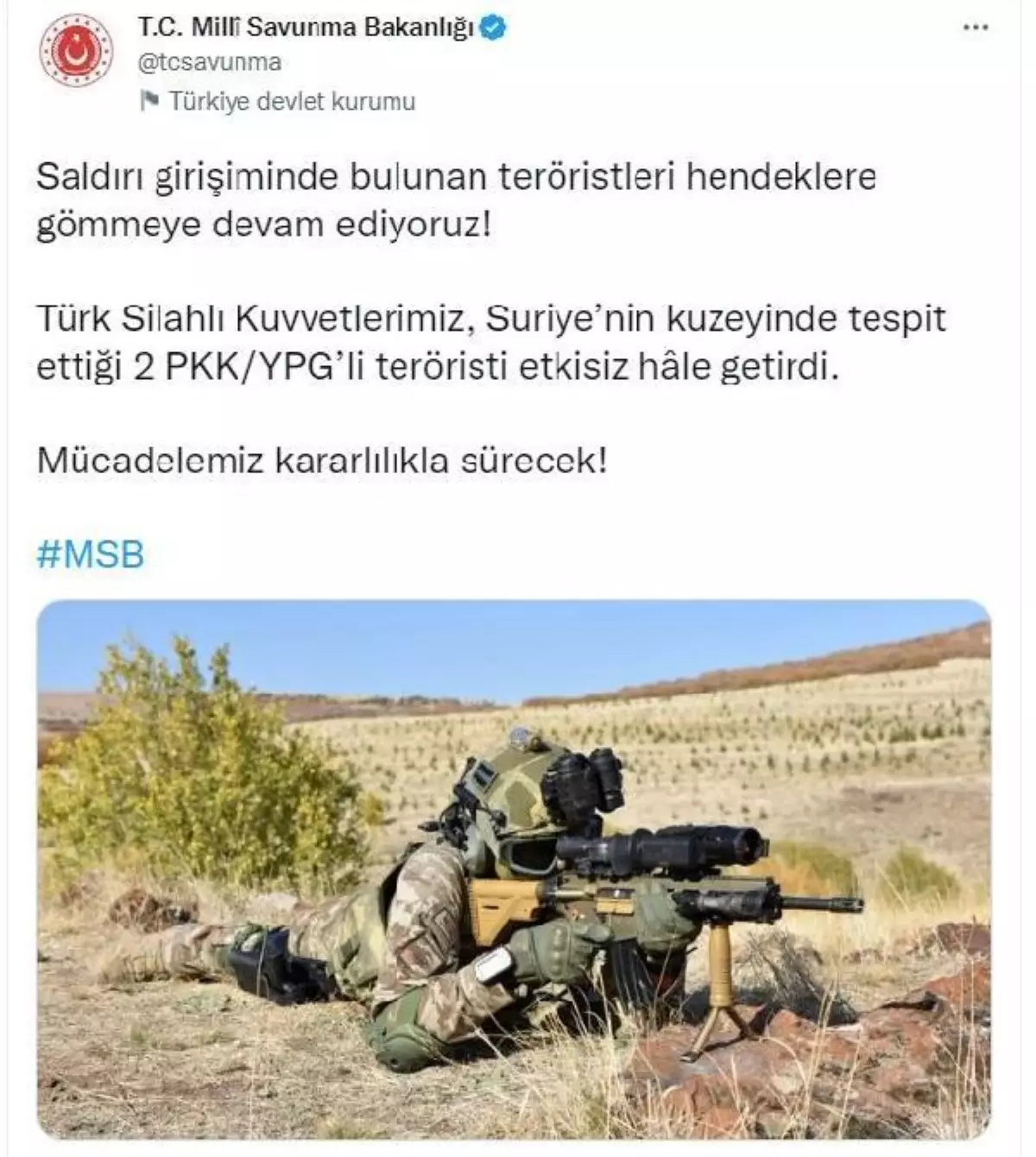 MSB: 2 PKK/YPG\'li terörist etkisiz hale getirildi