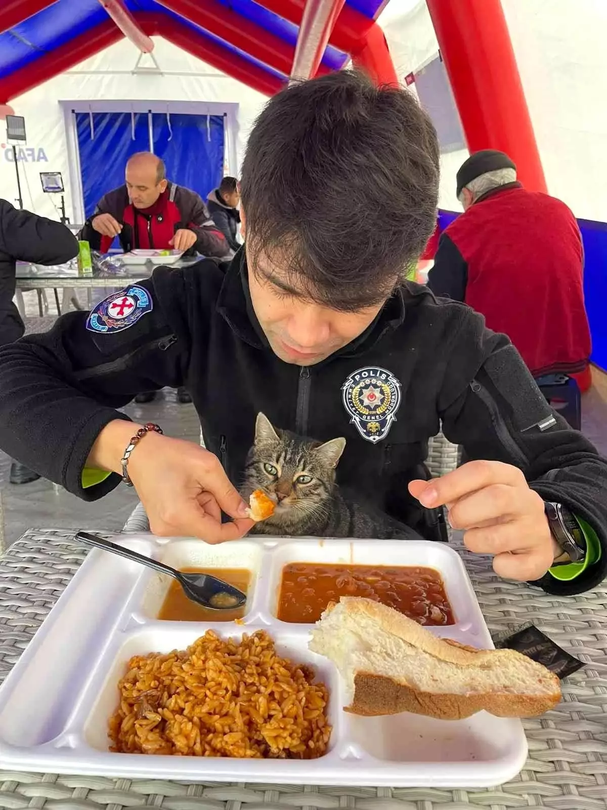 Polis yemeğini kucağına aldığı kedi ile paylaştı