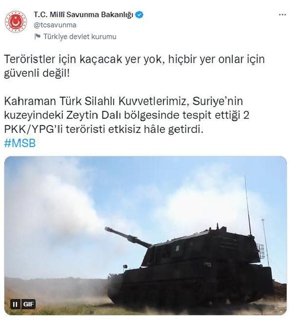 MSB: "Zeytin Dalı bölgesinde 2 terörist etkisiz hale getirildi"